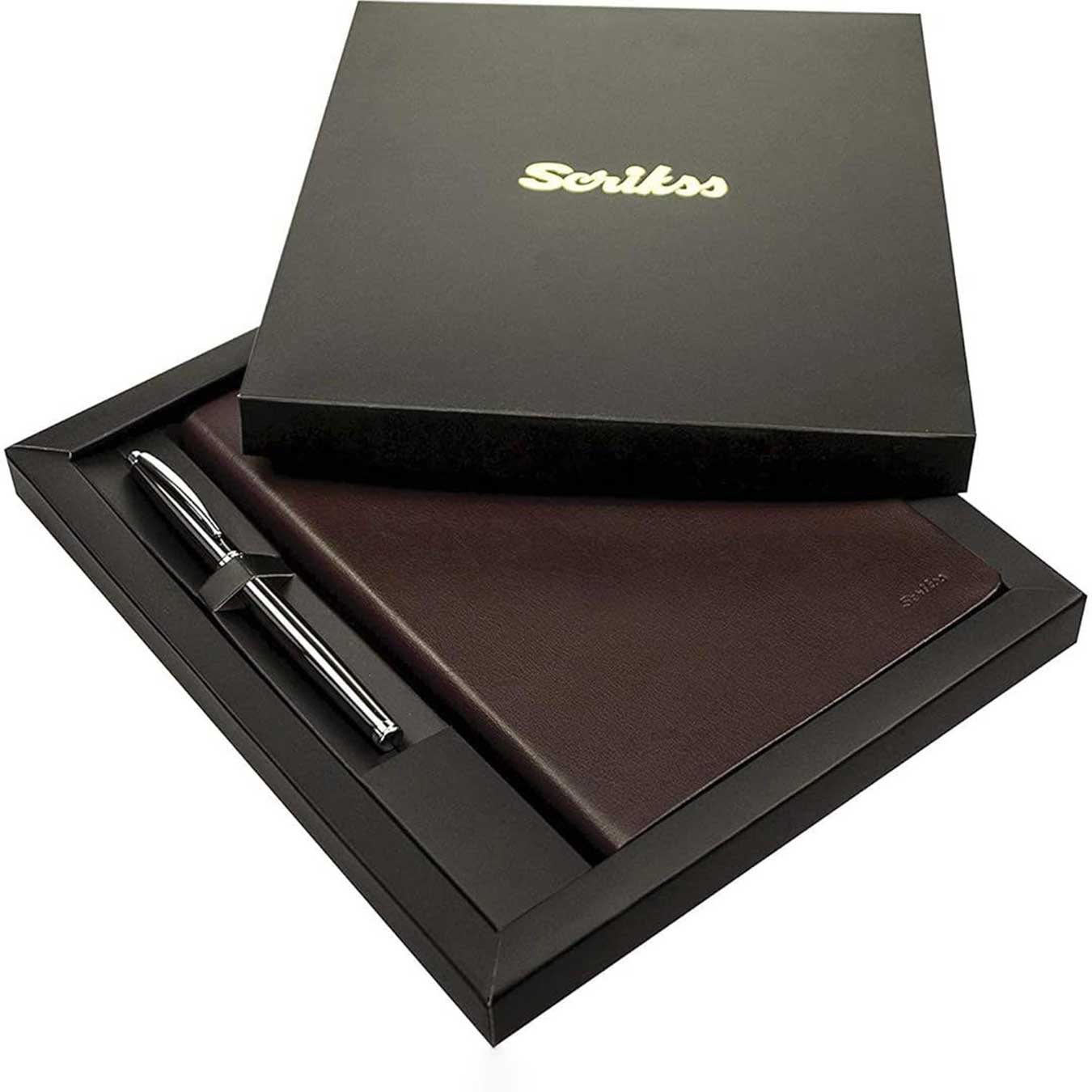 Scrikss Chester A5 Notebook and Rollerball Pen Set in Black on a white background