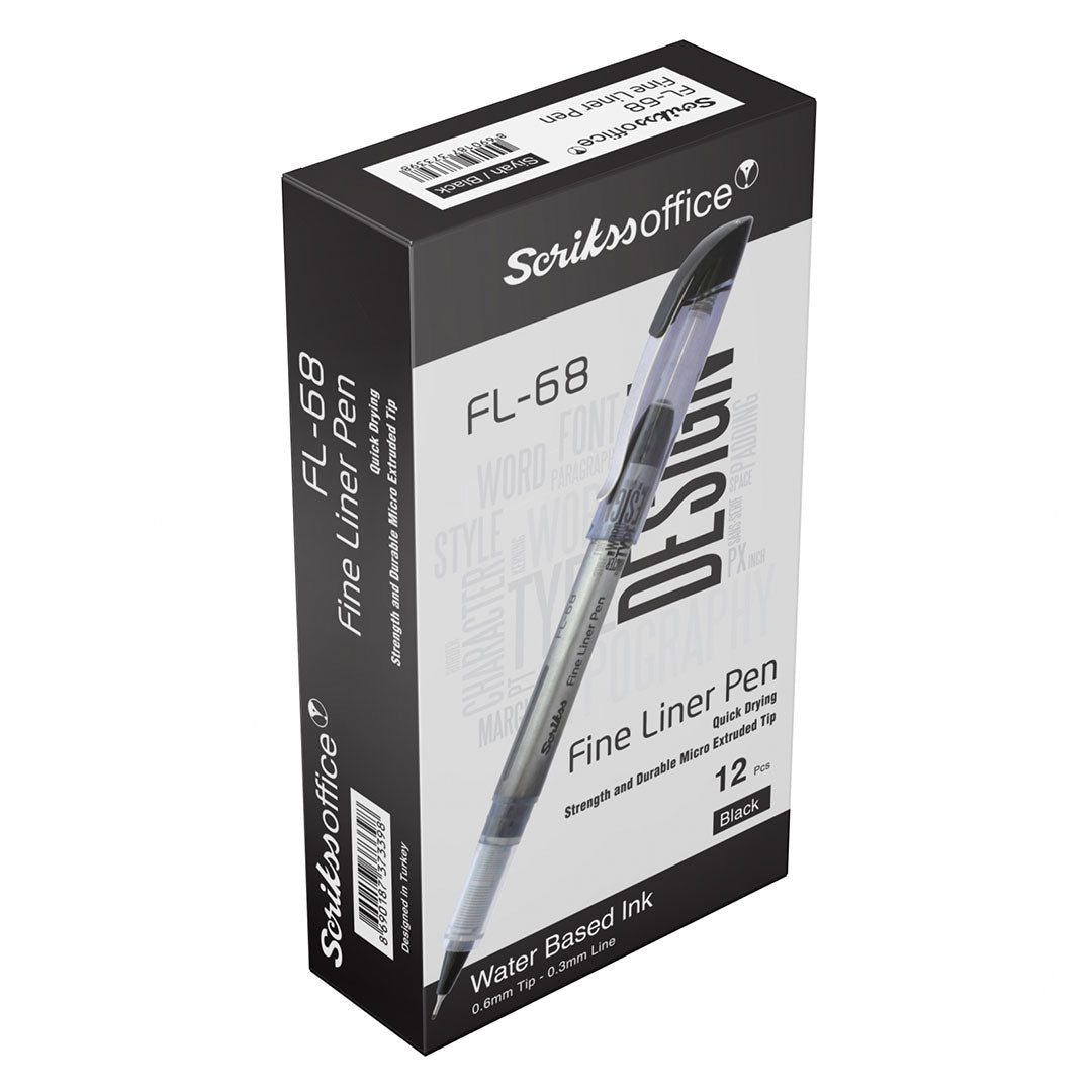 Scrikss FL-68 0.6mm Black Fineliner in Box of 12 on white background