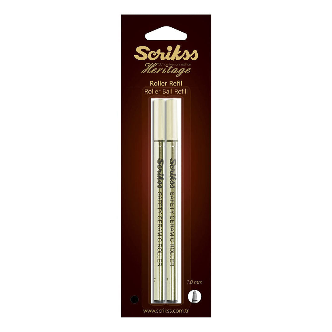 Scrikss Heritage Rollerball Pen Refill - Black (Pack Of 2) in a box on a white background
