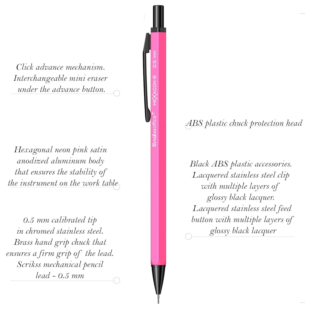 Scrikss Hexagon-R 0.5mm Mechanical Pencil in Neon Pink with pen details