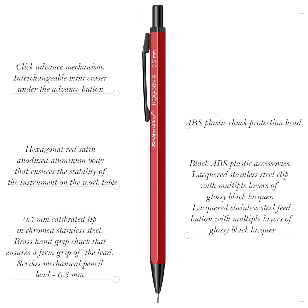Scrikss Hexagon-R 0.5mm Mechanical Pencil in Red with all details