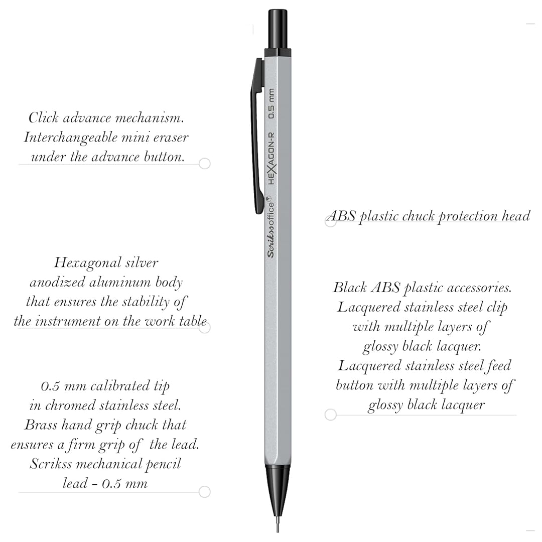 Scrikss Hexagon-R 0.5mm Mechanical Pencil in Silver with all details