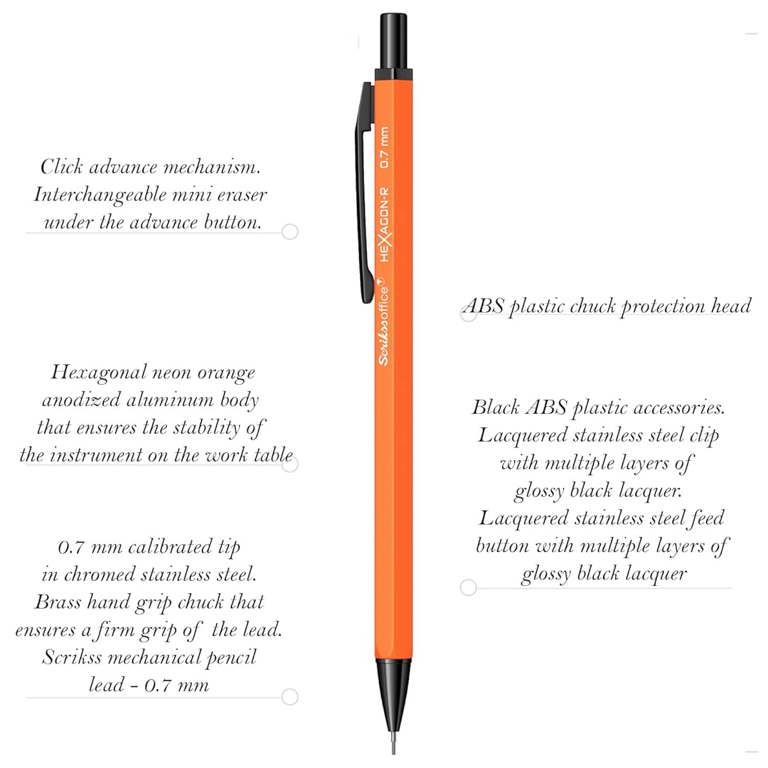 Scrikss Hexagon-R 0.7mm Mechanical Pencil in Orange with all details