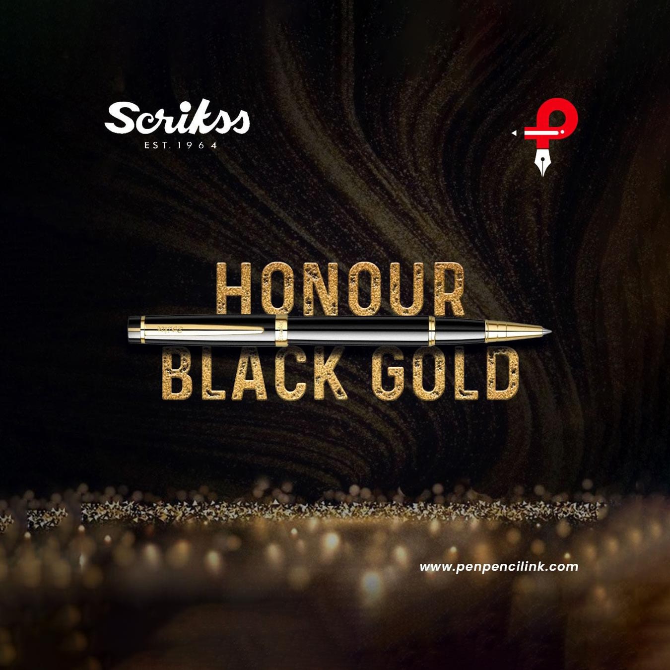 Pen with 'Honour Black Gold' text on a dark background with Scriks logo.