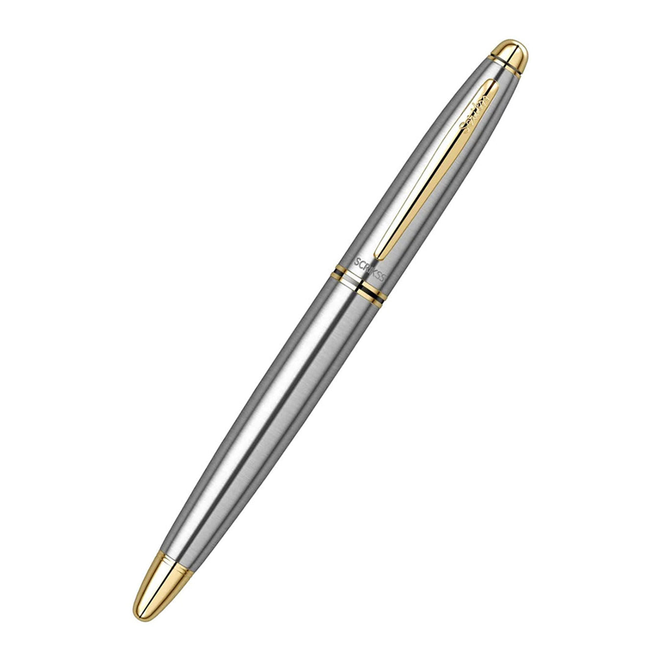 Scrikss Knight 88 Medium Nib Fountain Pen in Stainless Steel GT on white background