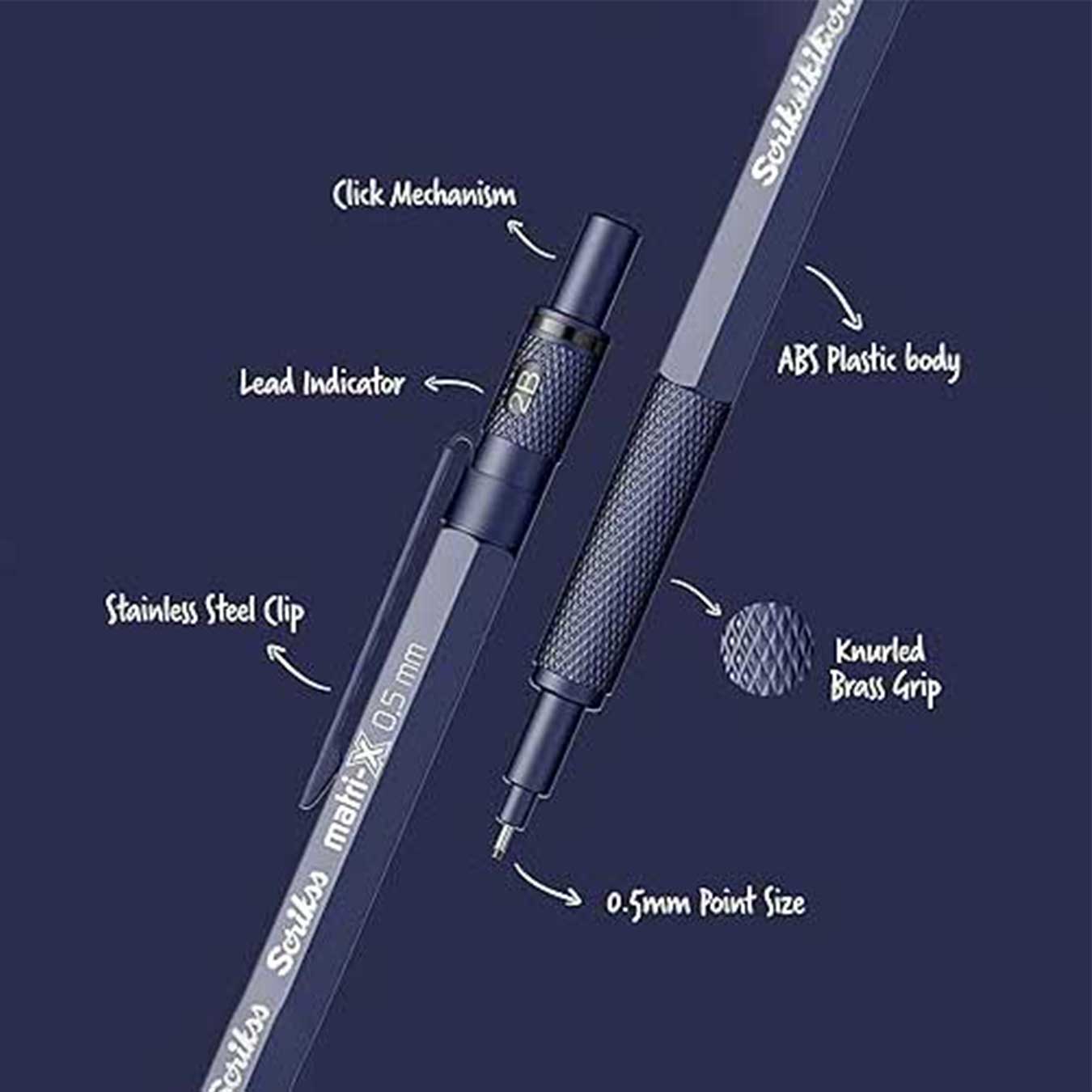 scrikss matri-x Mechanical pencil with labeled parts on a dark blue background