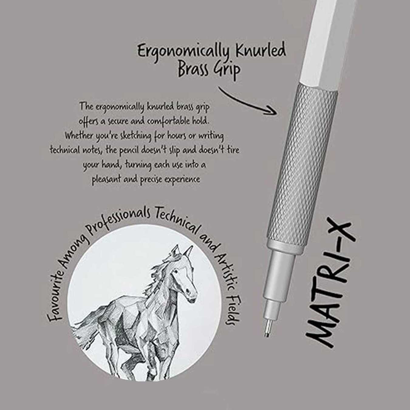 scrikss matri-x mechanical Pencil with ergonomic knurled brass grip on a gray background, featuring text about its use and brand scrikss 'Matri-X'.