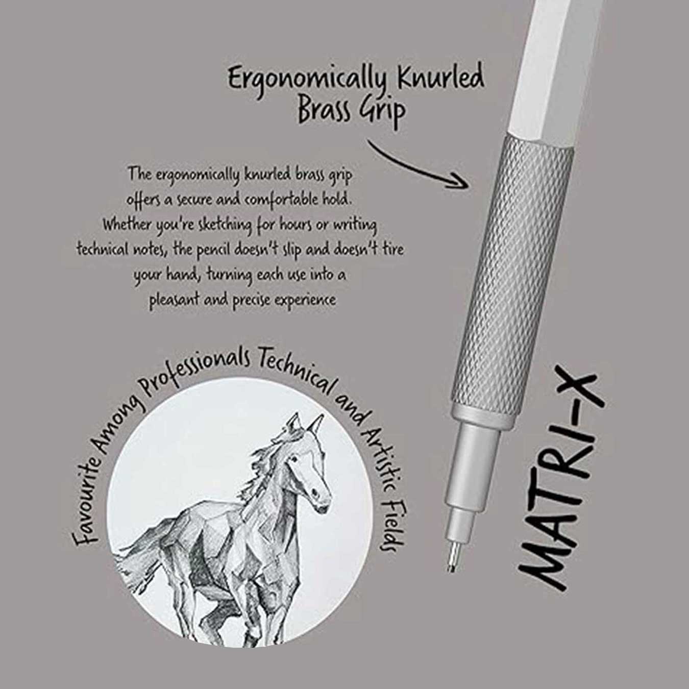 scrikss matri-x mechanical-pencil Pencil with ergonomic knurled brass grip on a gray background, featuring text about its design and uses.