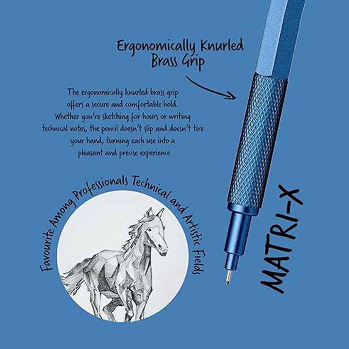 scrikss matri-x Blue mechanical pencil with ergonomic knurled brass grip on a blue background, featuring text about its design and uses.