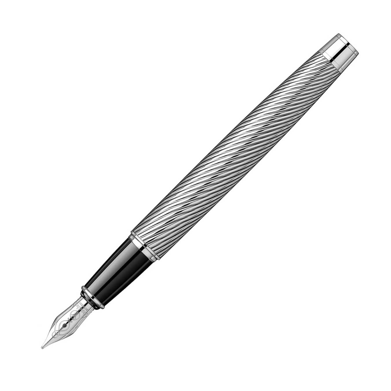 Scrikss Noble 35 Broad nib Fountain Pen in Spiral Black Chrome GT with detailed design on a white background