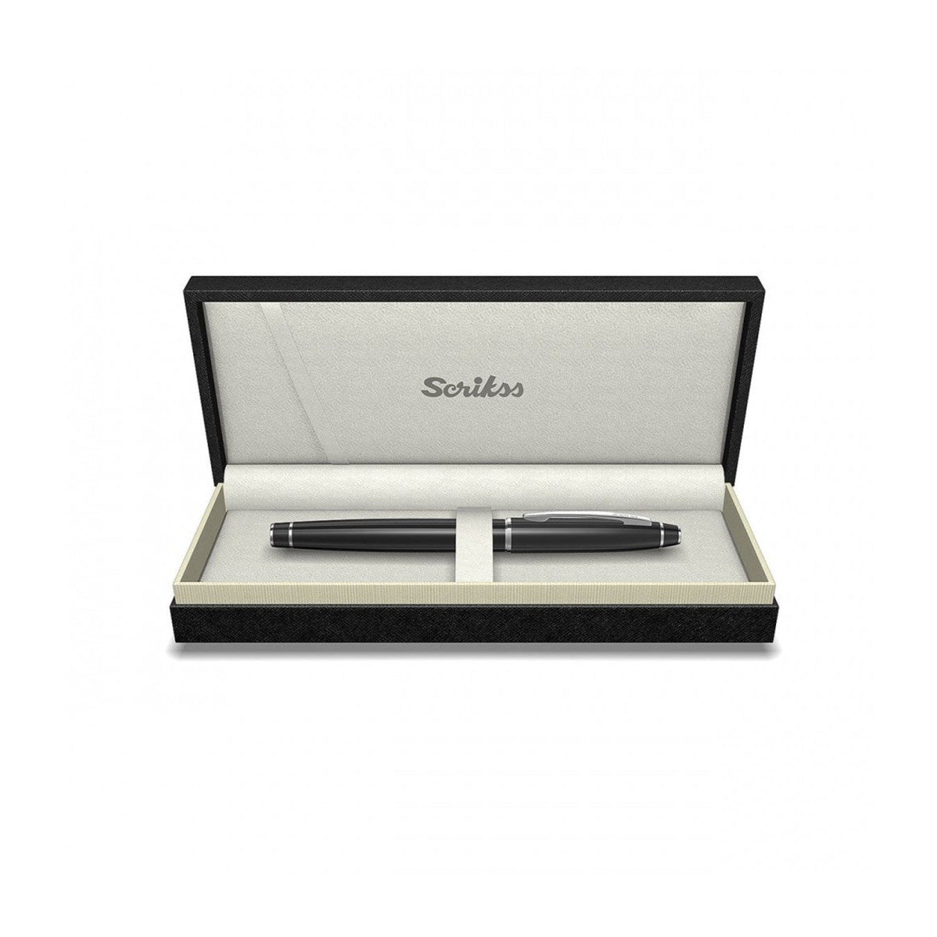 Scrikss noble 35 Black CT rollerball pen in an open black and silver box on a white background