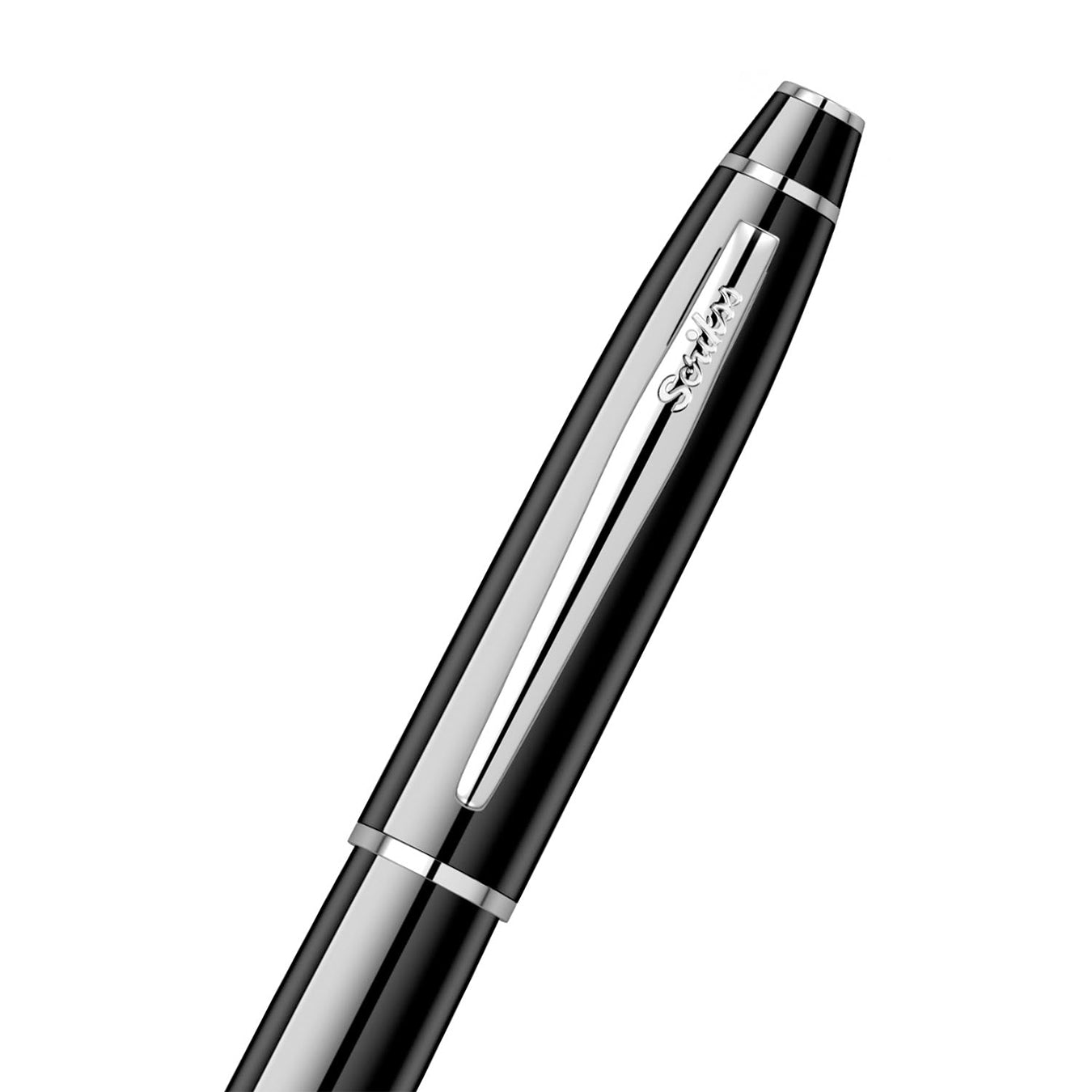 Scrikss Noble 35 Medium nib Fountain Pen in Black CT with logo of scrikss on Cartier on a white background