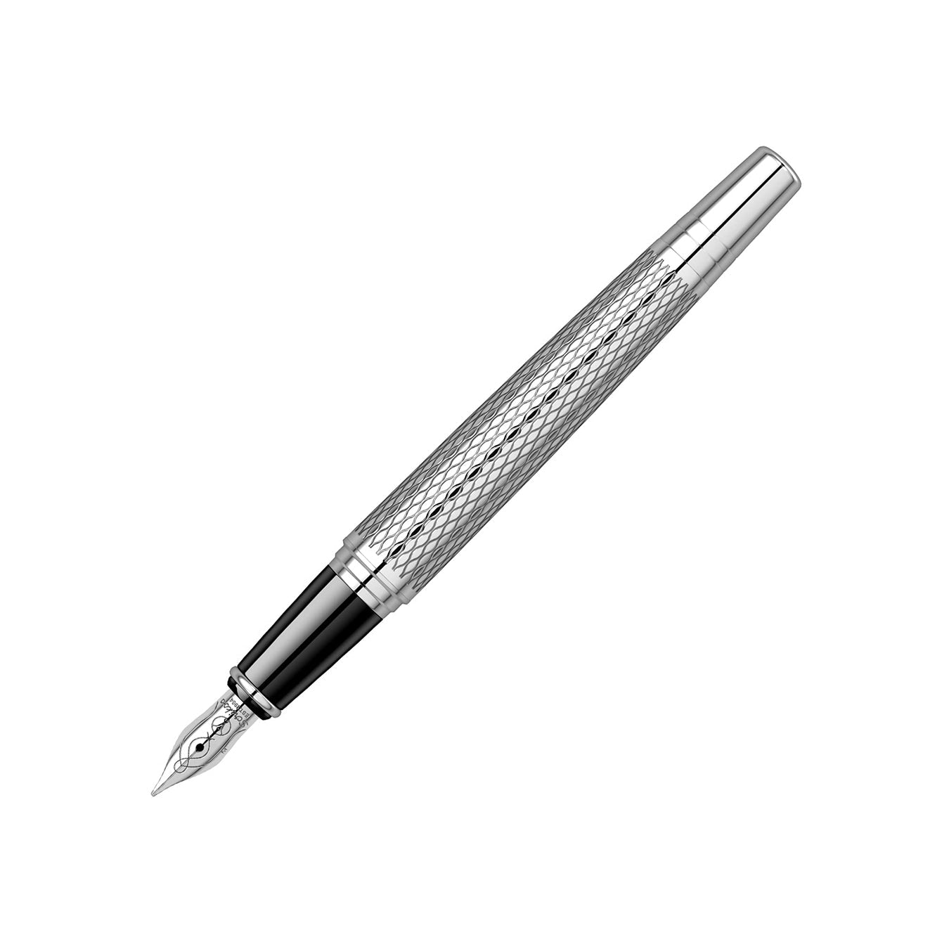 Scrikss Pera 477 Medium Nib Fountain Pen in Black Chrome on a white background