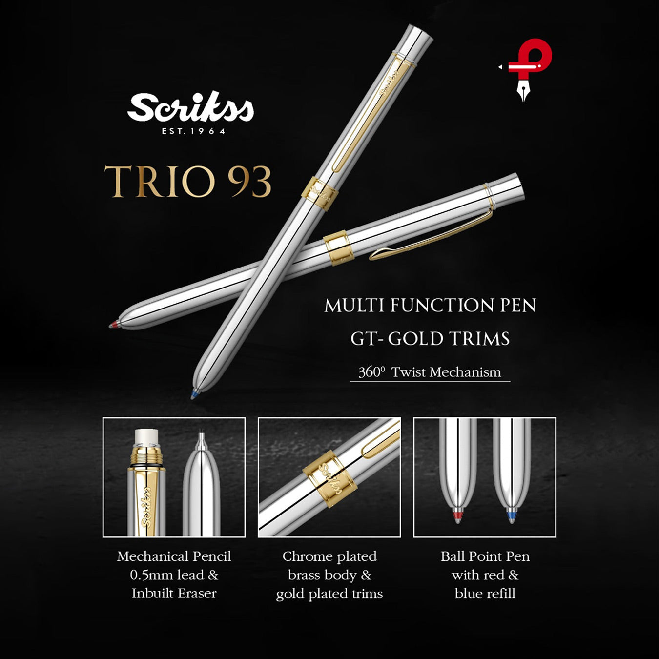 Scrikss Trio 93 Multi Function Pen | Chrome-GT Edition details 
